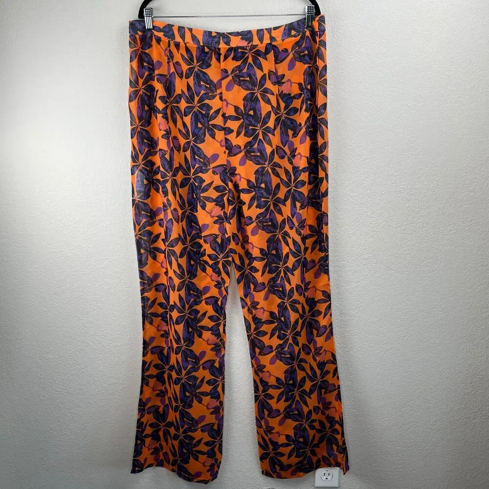 PrettyLittleThing Orange Tropical High Rise Sheer Flare Beach Pants 14 NWT